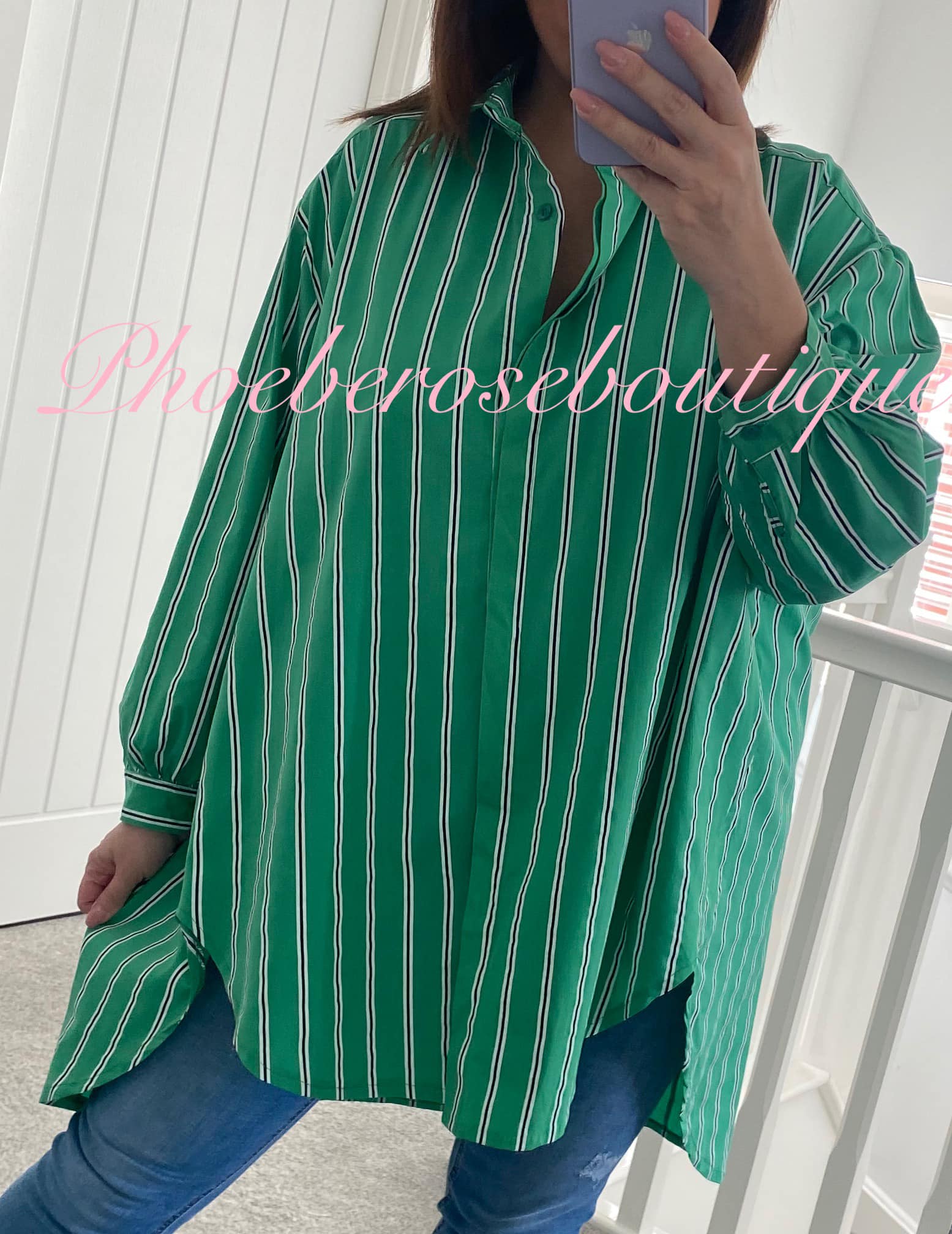 Stripe Oversized Hi/Low Shirt - Green Mix