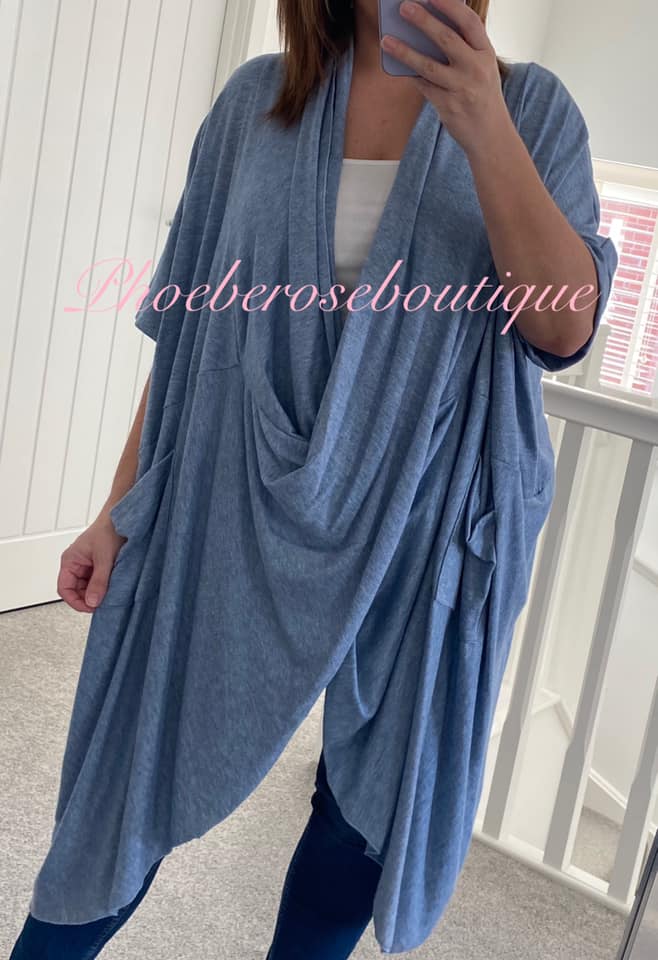 Supersoft Brushed Jersey Longline Crossover Drape Top - Soft Blue