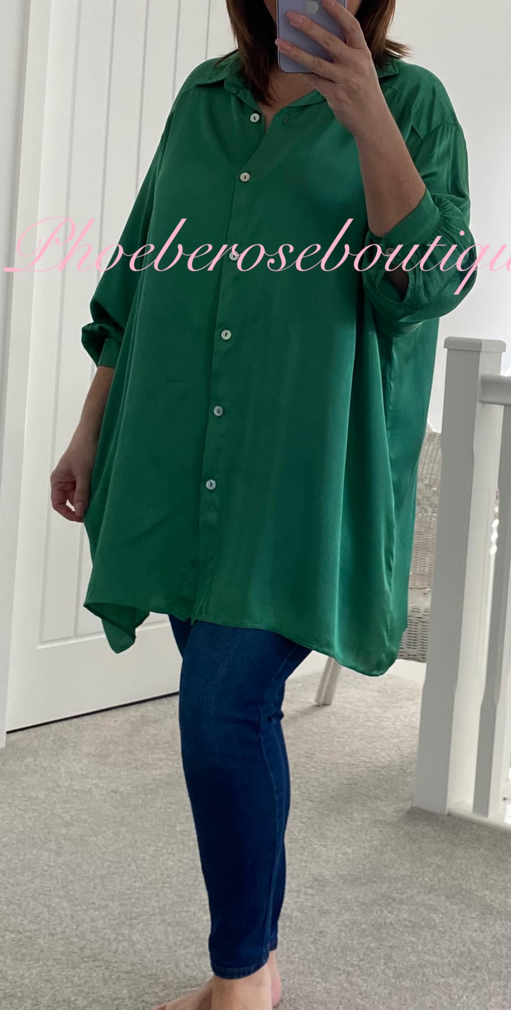 Lux Lightweight Satin Oversized Panel Back Shirt - Green