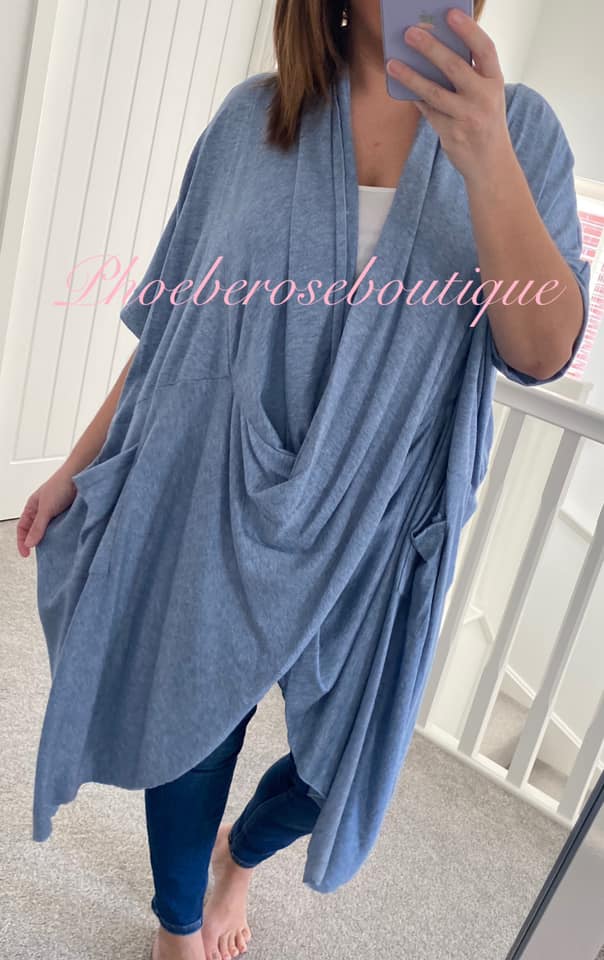 Supersoft Brushed Jersey Longline Crossover Drape Top - Soft Blue