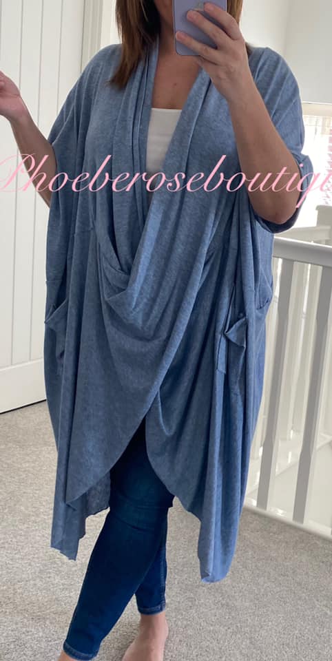 Supersoft Brushed Jersey Longline Crossover Drape Top - Soft Blue - Image 3
