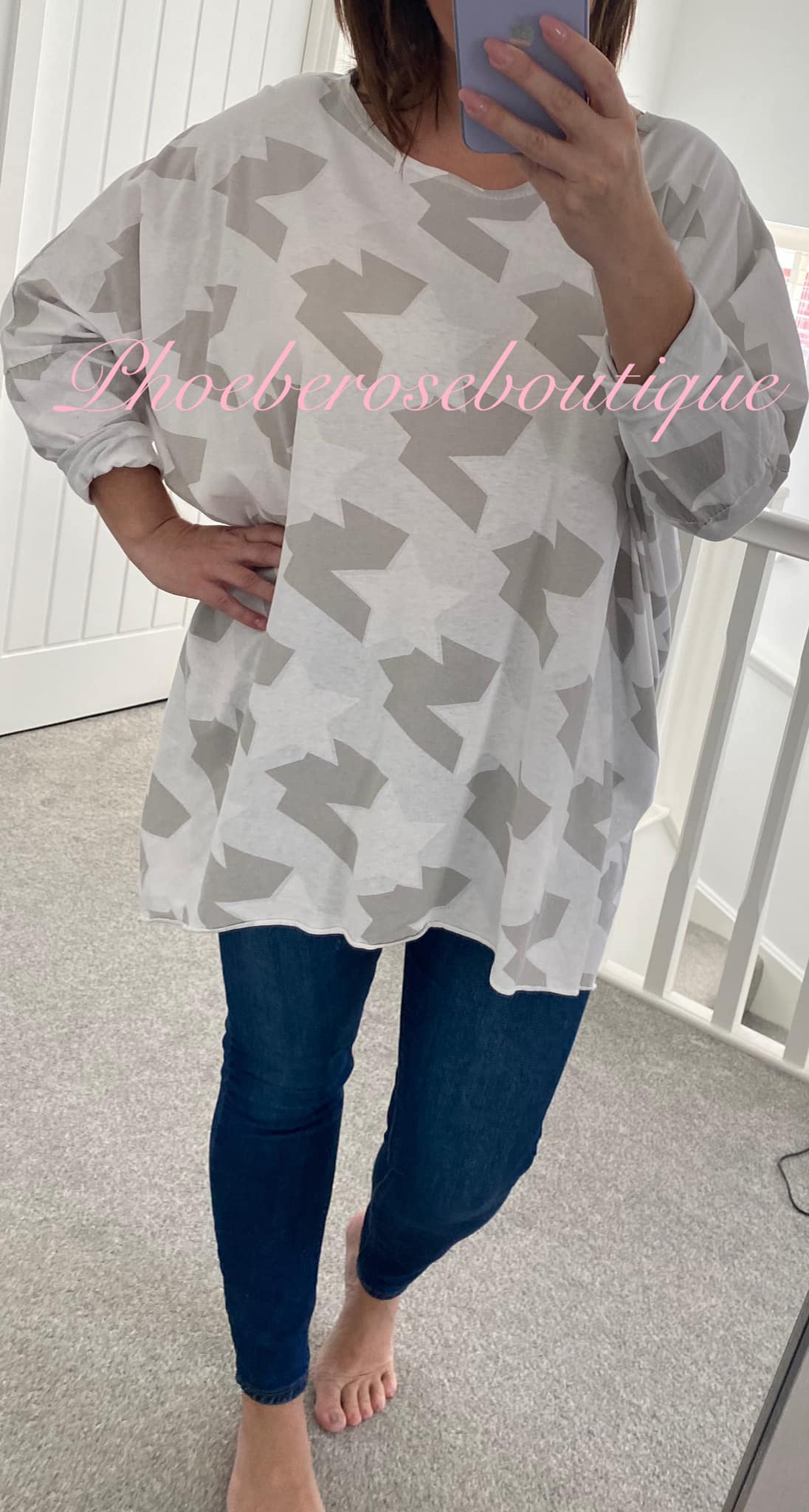 Contrast Star Print Loose Fit Tunic/Top - White