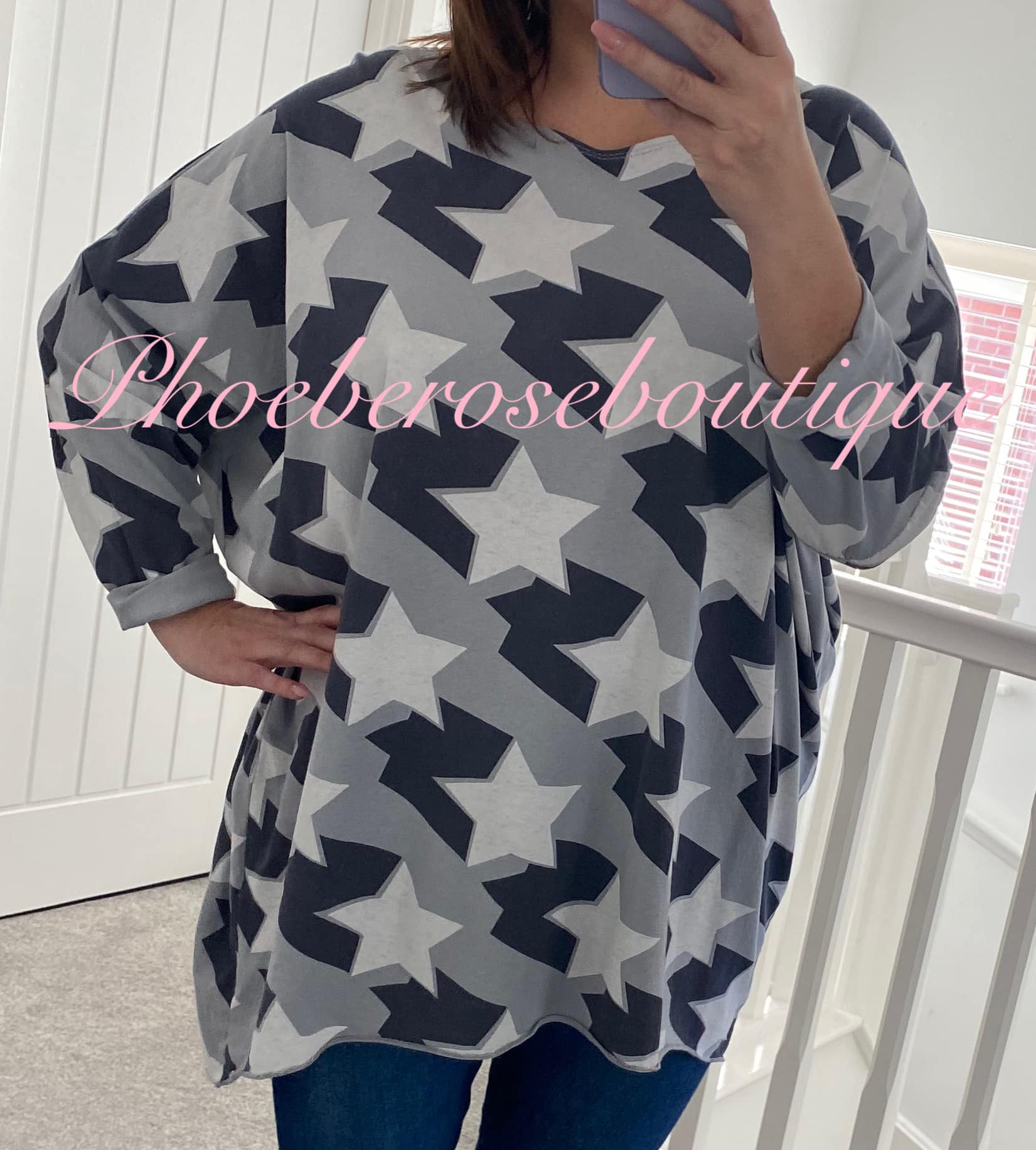 Contrast Star Print Loose Fit Tunic/Top - Grey