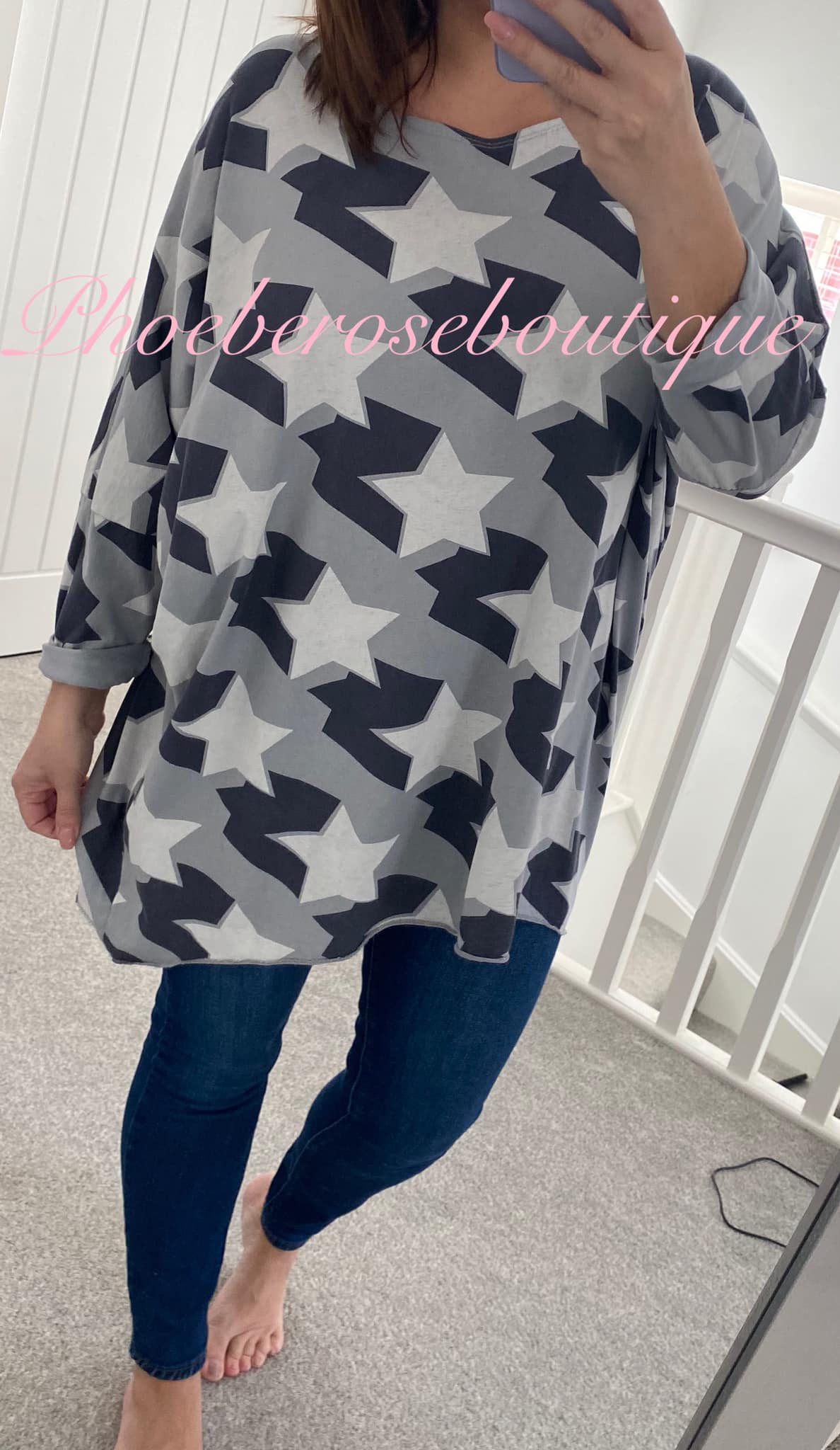 Contrast Star Print Loose Fit Tunic/Top - Grey