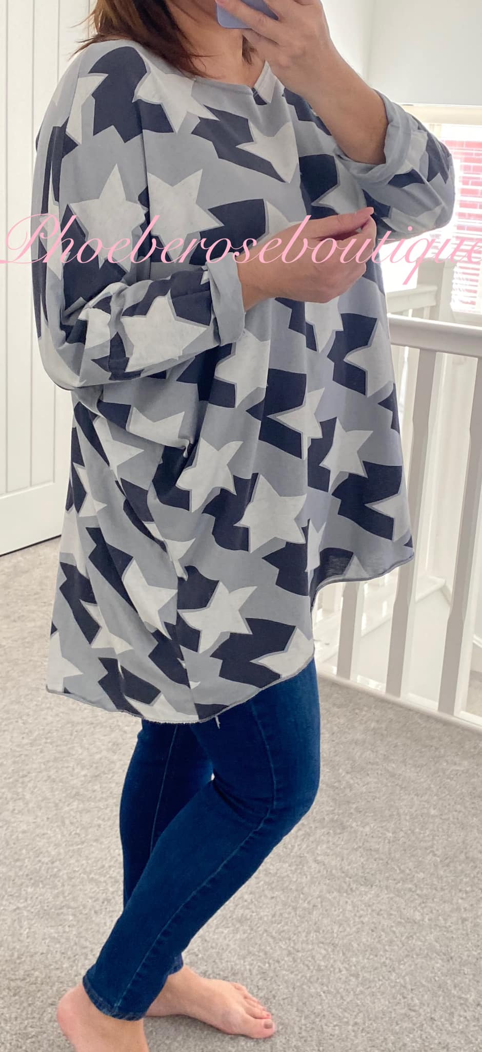Contrast Star Print Loose Fit Tunic/Top - Grey - Image 3