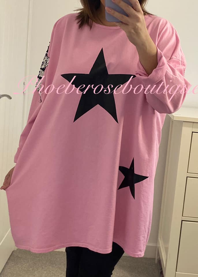 Oversized Lightweight Sweat Star Embellished Tunic/Top - Bubblegum Pink