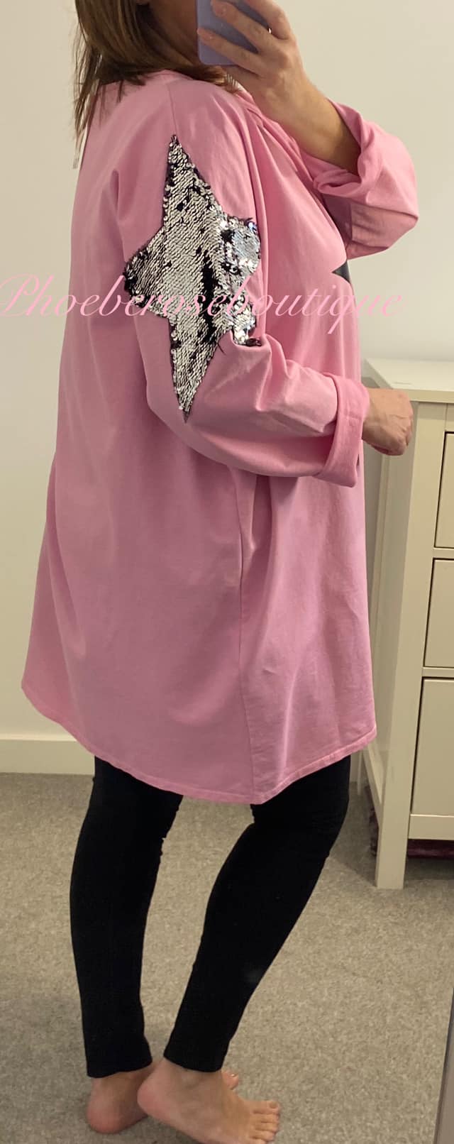 Oversized Lightweight Sweat Star Embellished Tunic/Top - Bubblegum Pink - Image 3