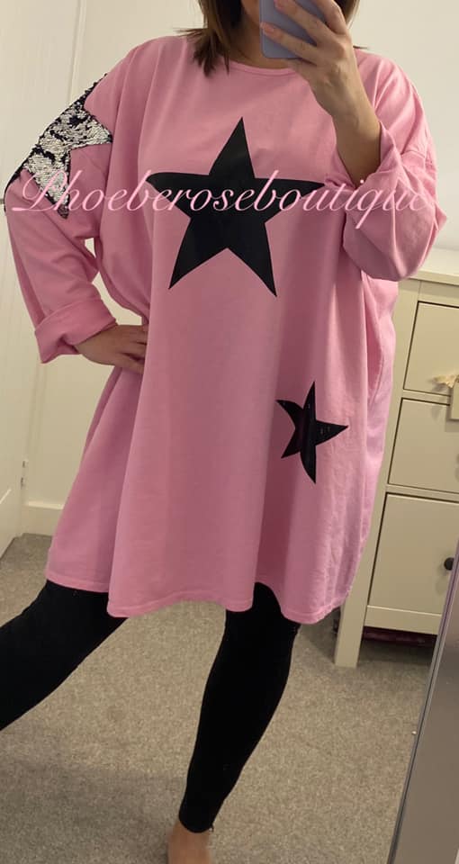 Oversized Lightweight Sweat Star Embellished Tunic/Top - Bubblegum Pink