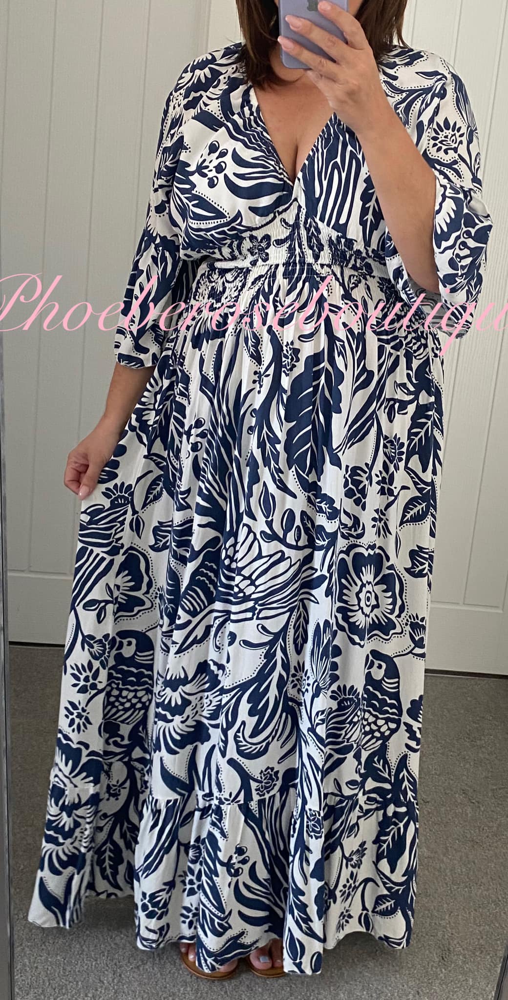 Shirred Waist Tropical Print V Neck Maxi Dress - Navy/White