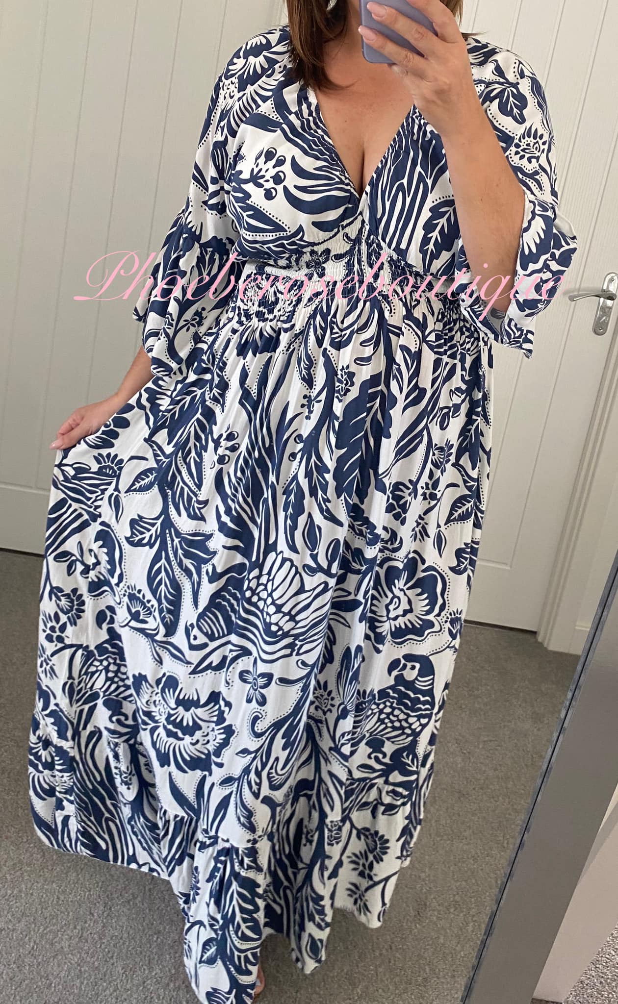 Shirred Waist Tropical Print V Neck Maxi Dress - Navy/White - Image 3