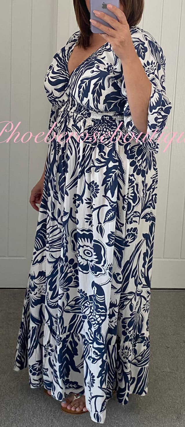 Shirred Waist Tropical Print V Neck Maxi Dress - Navy/White
