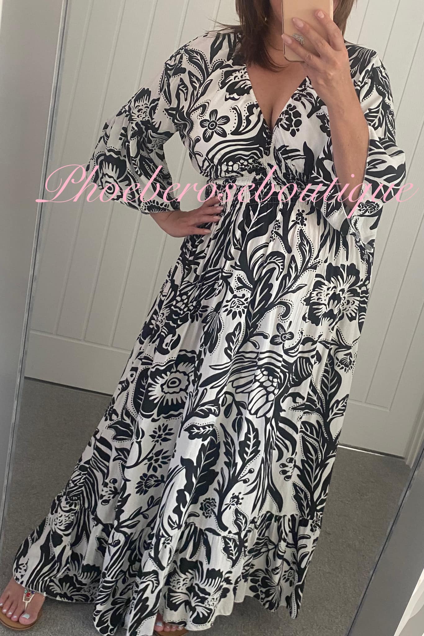 Shirred Waist Tropical Print V Neck Maxi Dress - Black/White
