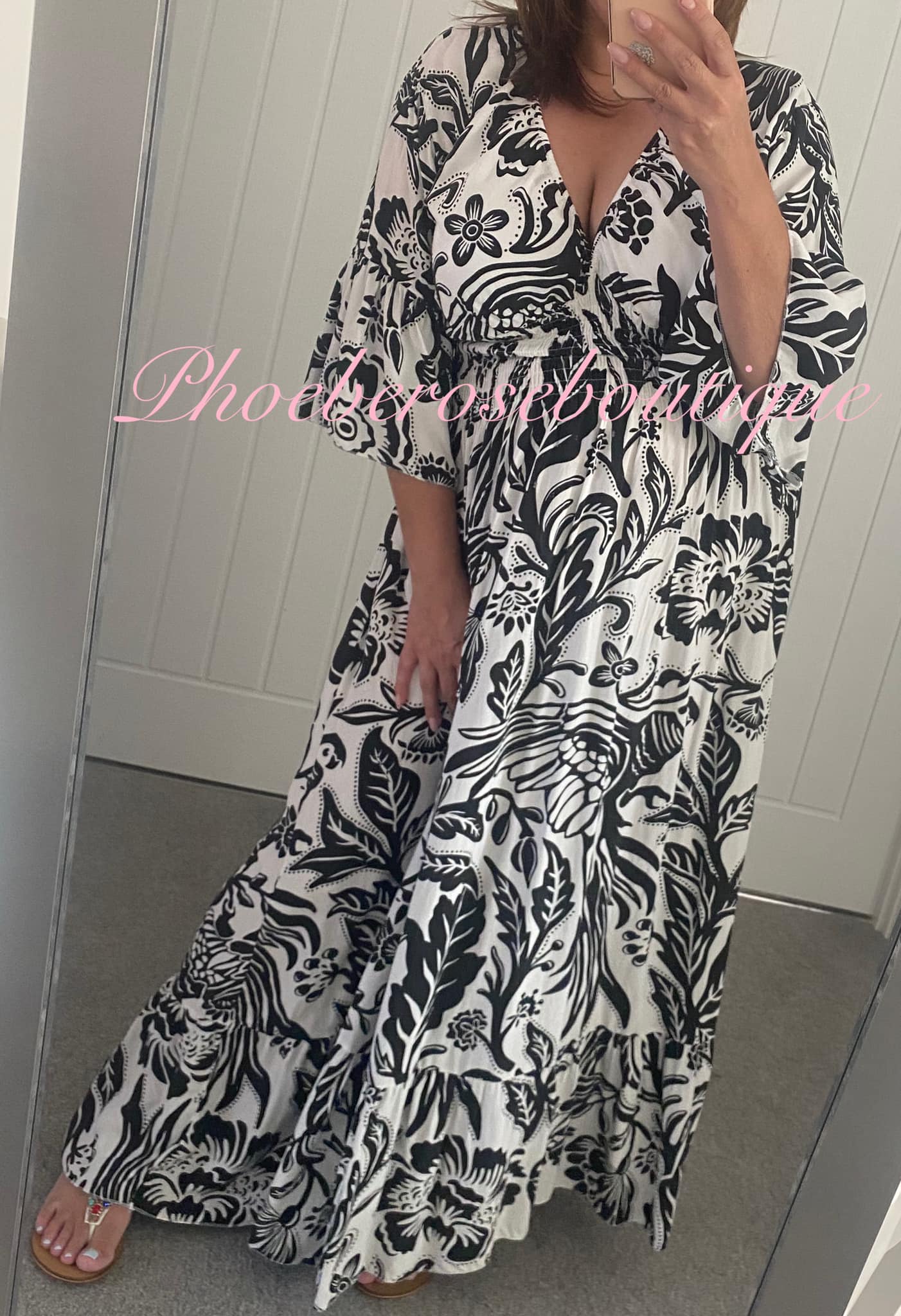 Shirred Waist Tropical Print V Neck Maxi Dress - Black/White