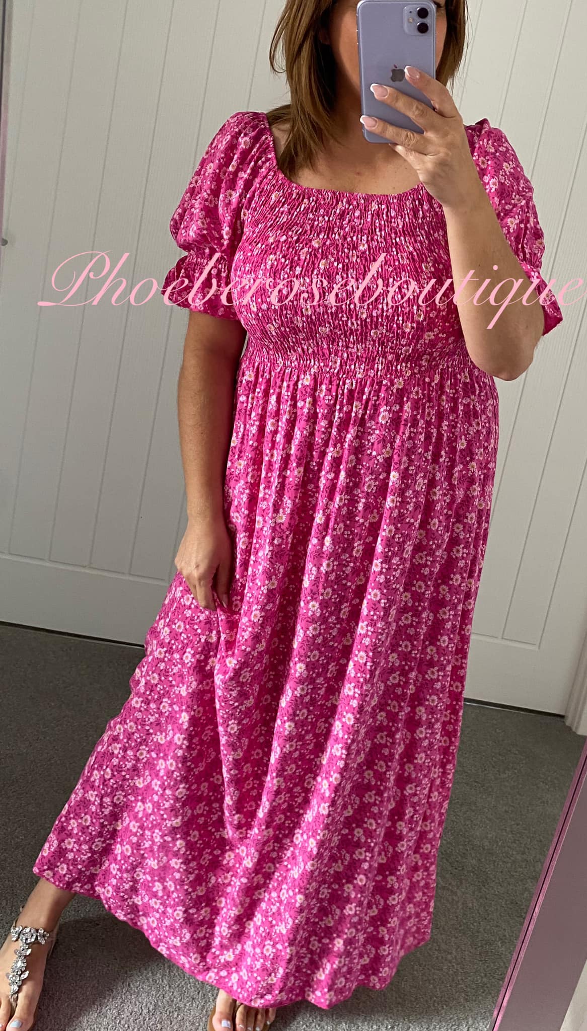 Ditsy Floral Puff Sleeve Maxi Dress - Hot Pink