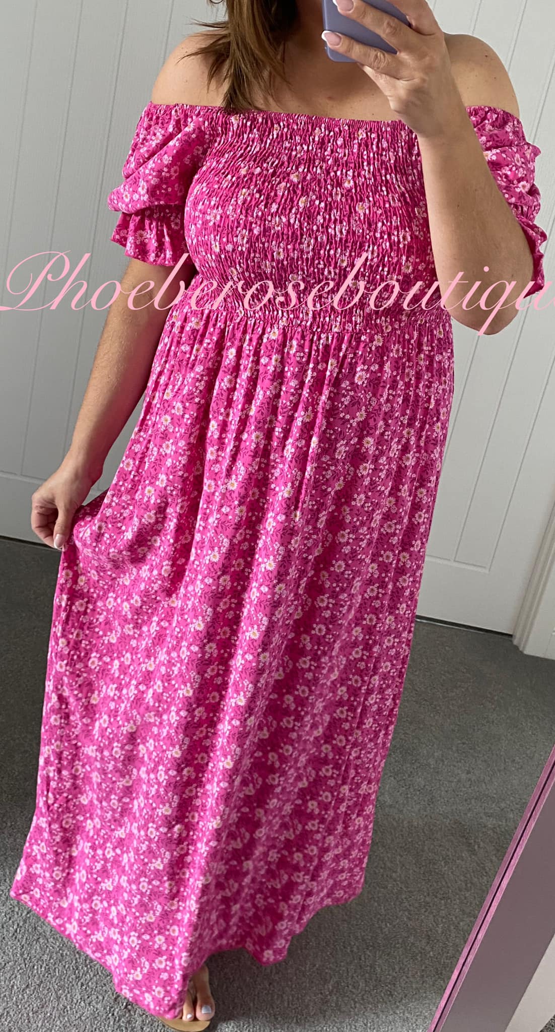 Ditsy Floral Puff Sleeve Maxi Dress - Hot Pink - Image 3