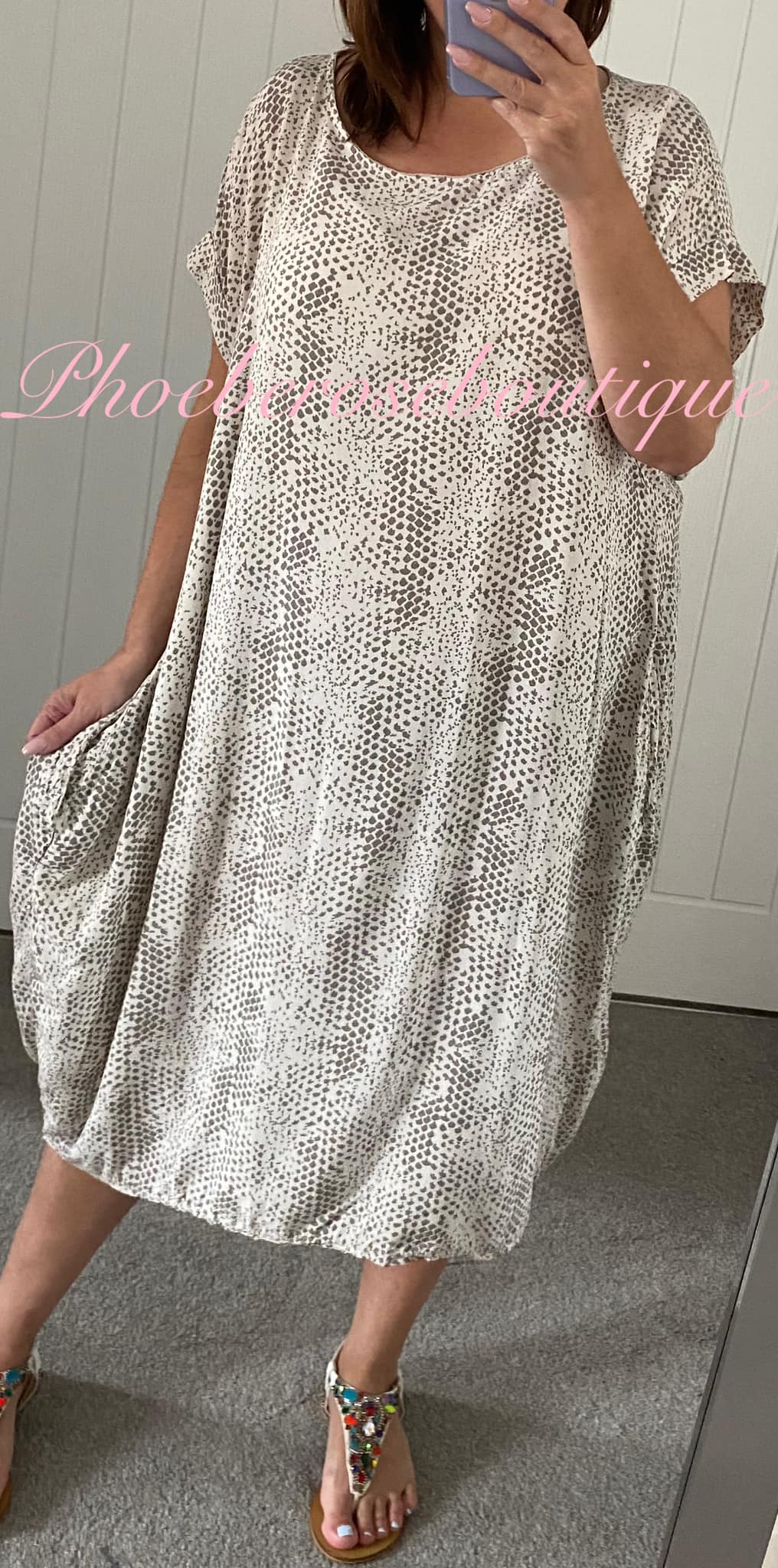 Snake Print Knot Back Pocket Loose Fit Midi Dress - Mocha