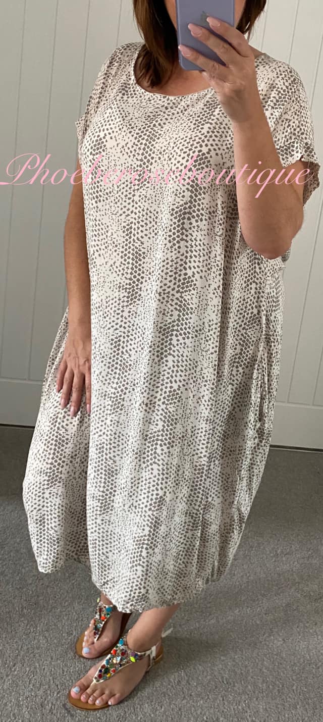 Snake Print Knot Back Pocket Loose Fit Midi Dress - Mocha