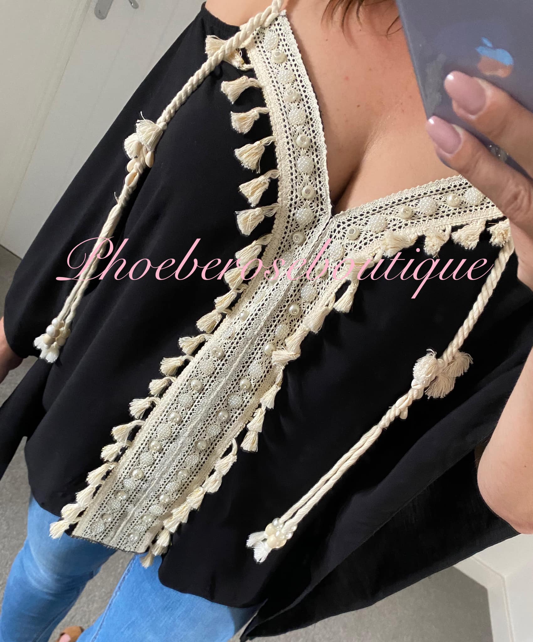 Tassel and Sparkle Rope Trim V Neck Top - Black - Image 4