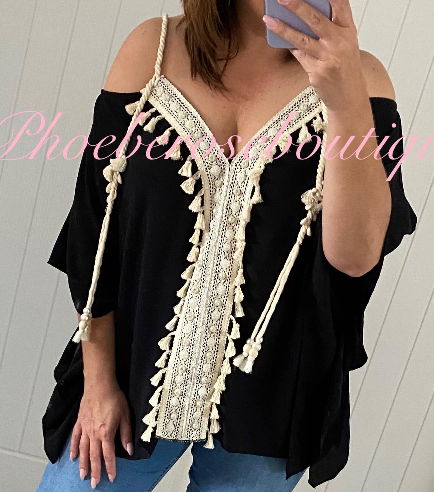 Tassel and Sparkle Rope Trim V Neck Top - Black