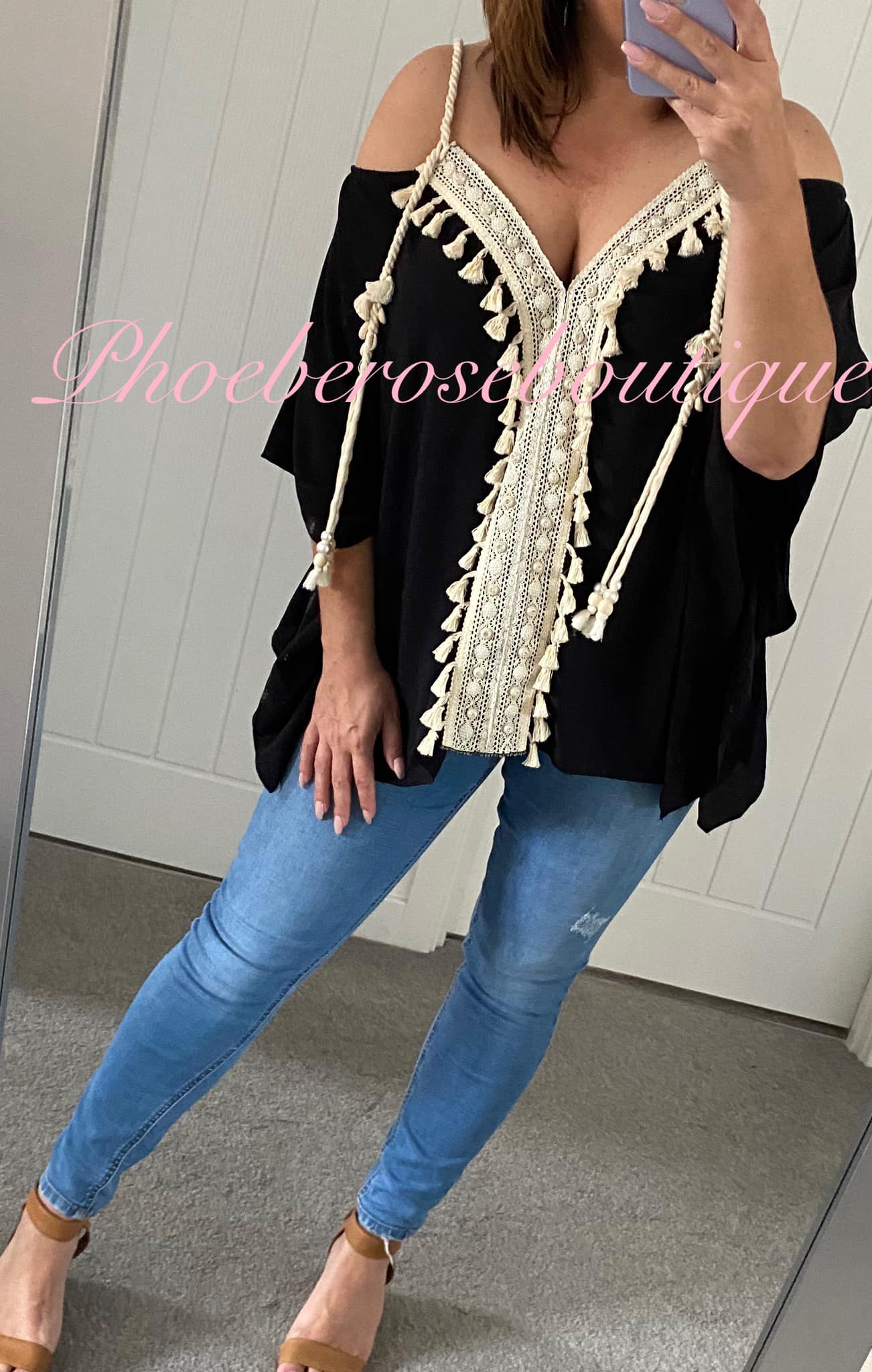 Tassel and Sparkle Rope Trim V Neck Top - Black - Image 3