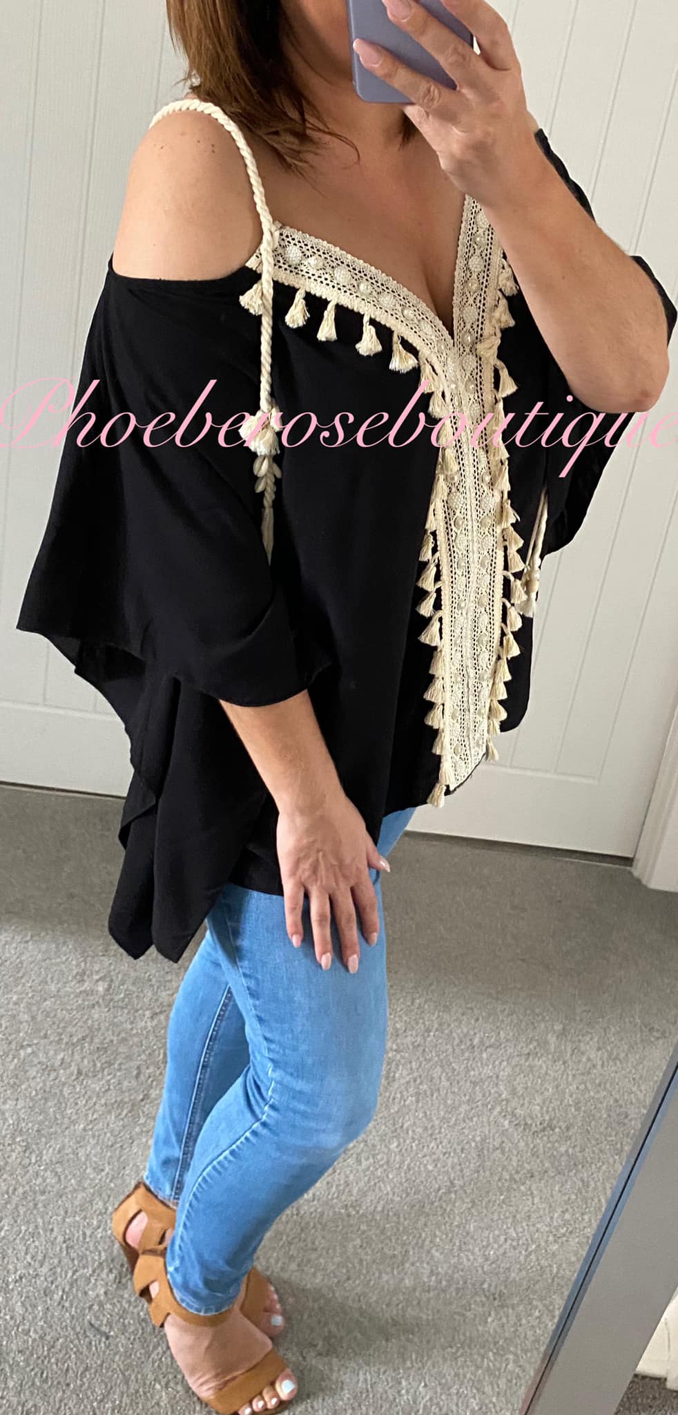 Tassel and Sparkle Rope Trim V Neck Top - Black