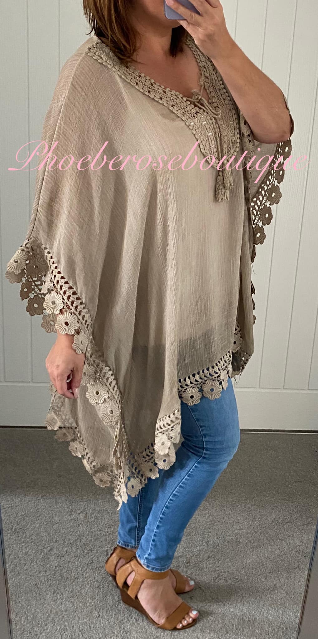 Oversized Floral Daisy Trim Tie Neckline Kaftan/Top - Mocha
