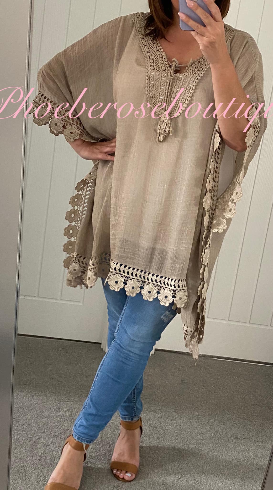 Oversized Floral Daisy Trim Tie Neckline Kaftan/Top - Mocha - Image 3