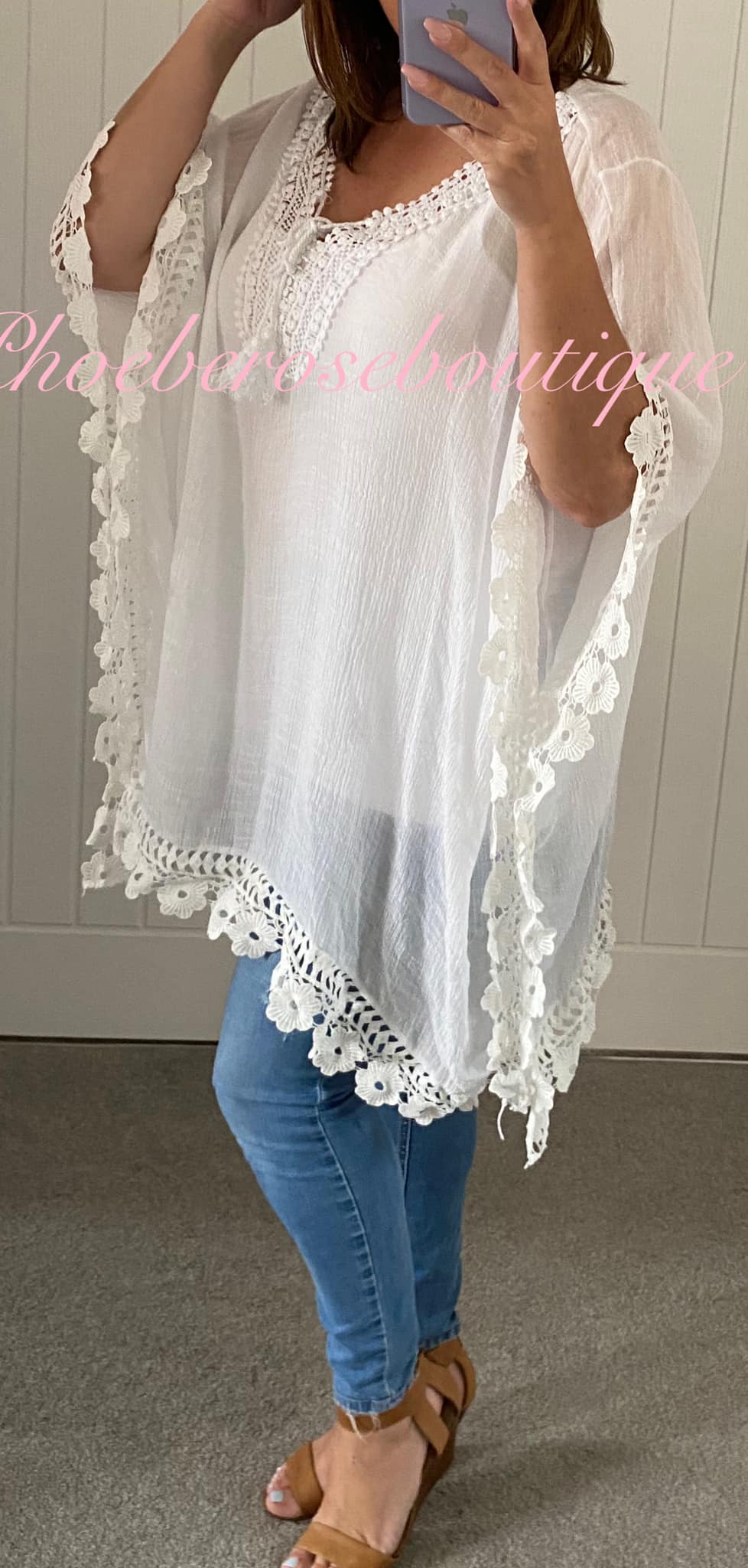 Oversized Floral Daisy Trim Tie Neckline Kaftan/Top - White