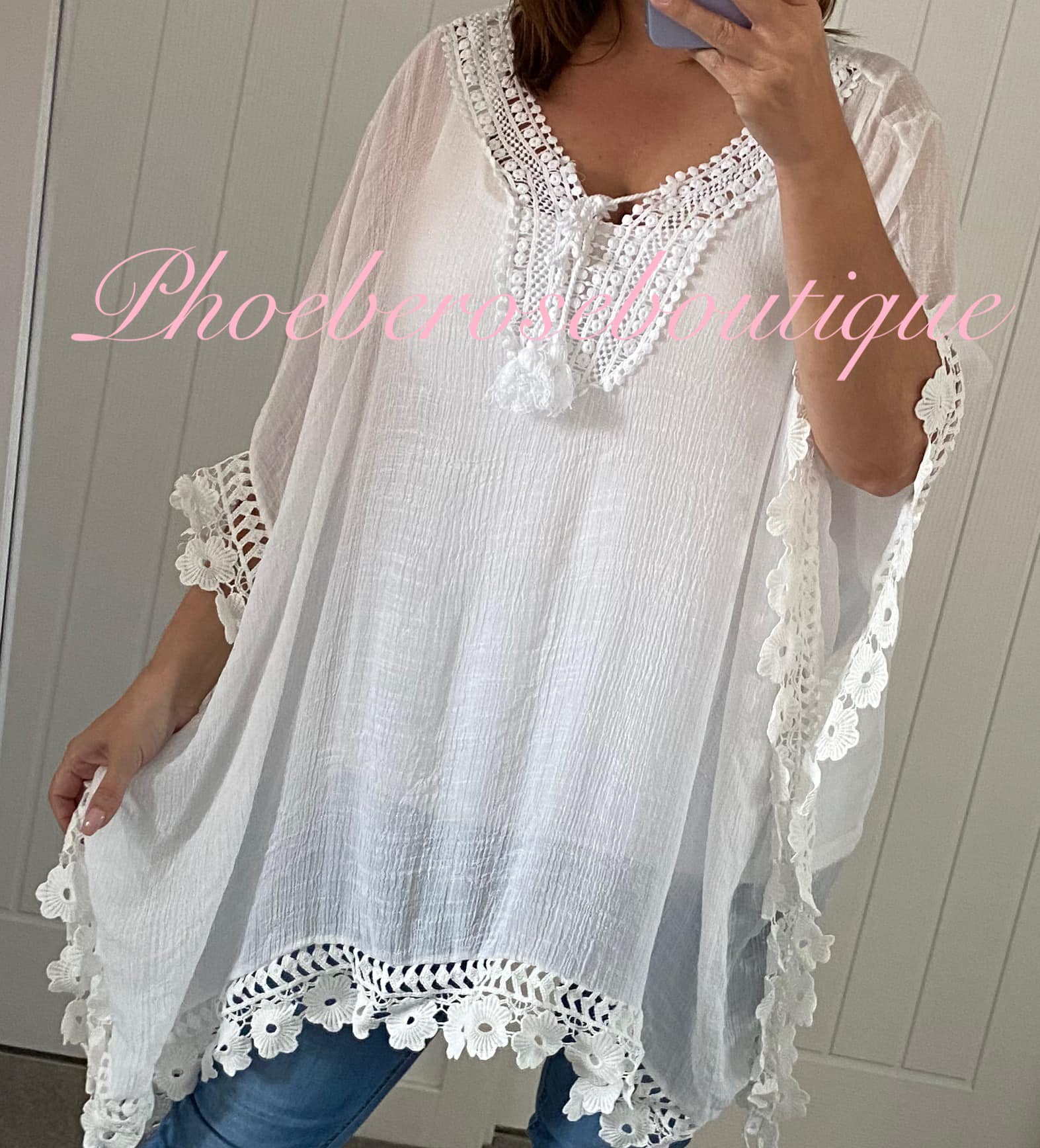 Oversized Floral Daisy Trim Tie Neckline Kaftan/Top - White
