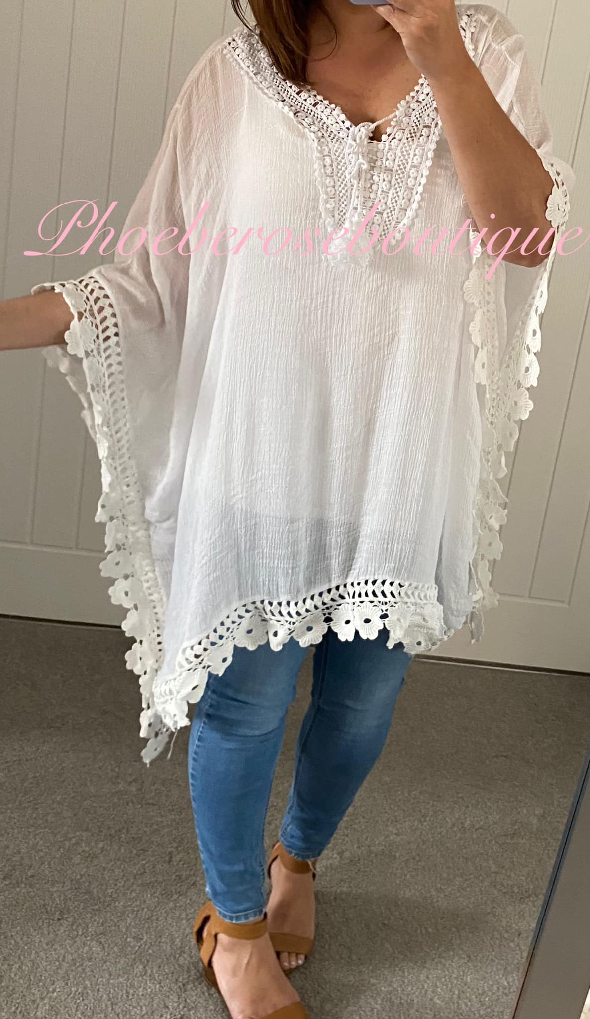 Oversized Floral Daisy Trim Tie Neckline Kaftan/Top - White - Image 3