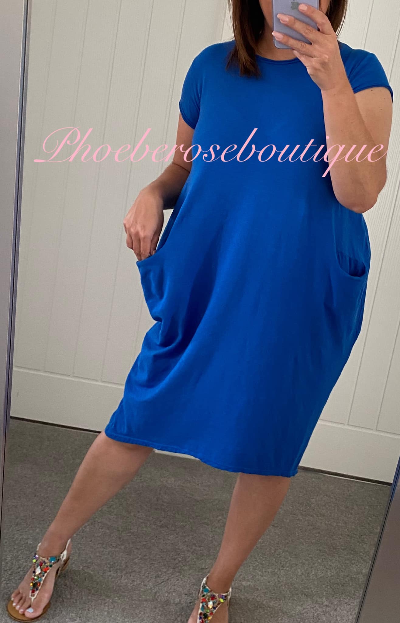 Jersey Cap Sleeve Pocket Midi Dress - Royal Blue - Image 3