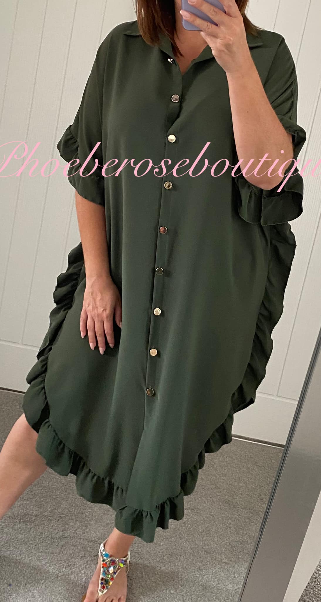 Frill Trim Gold Button Midi Dress - Khaki