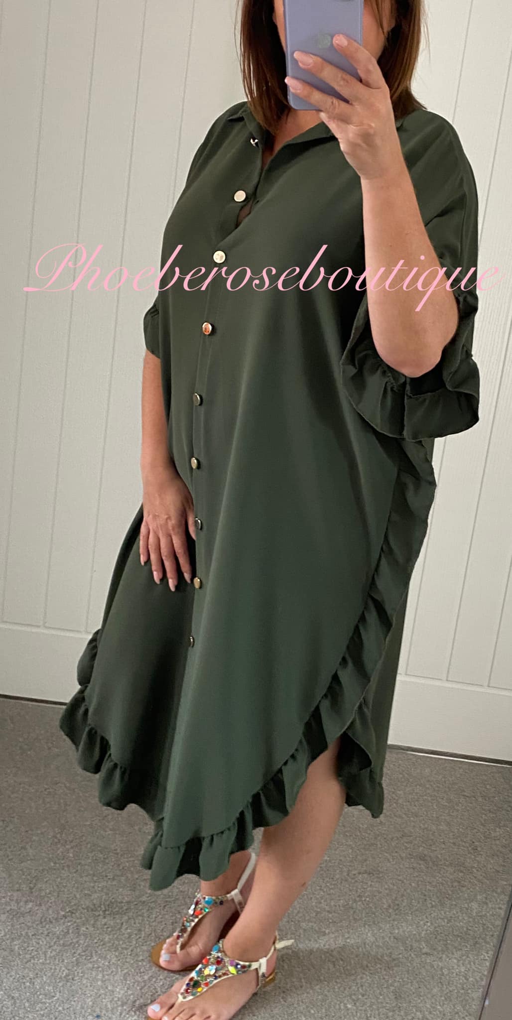 Frill Trim Gold Button Midi Dress - Khaki