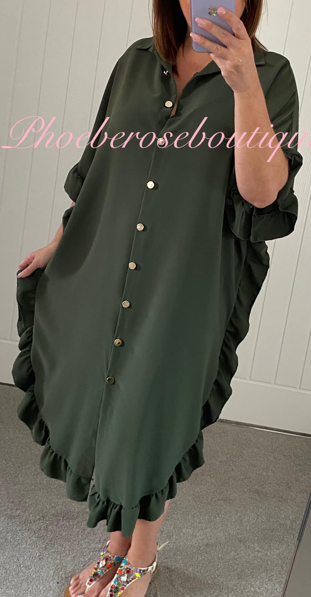 Frill Trim Gold Button Midi Dress - Khaki - Image 3