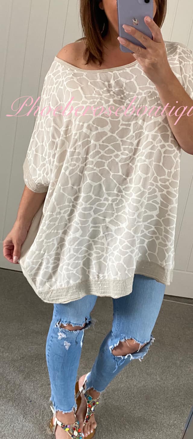 Loose Fit Giraffe Print Sequin Trim Top - Nude