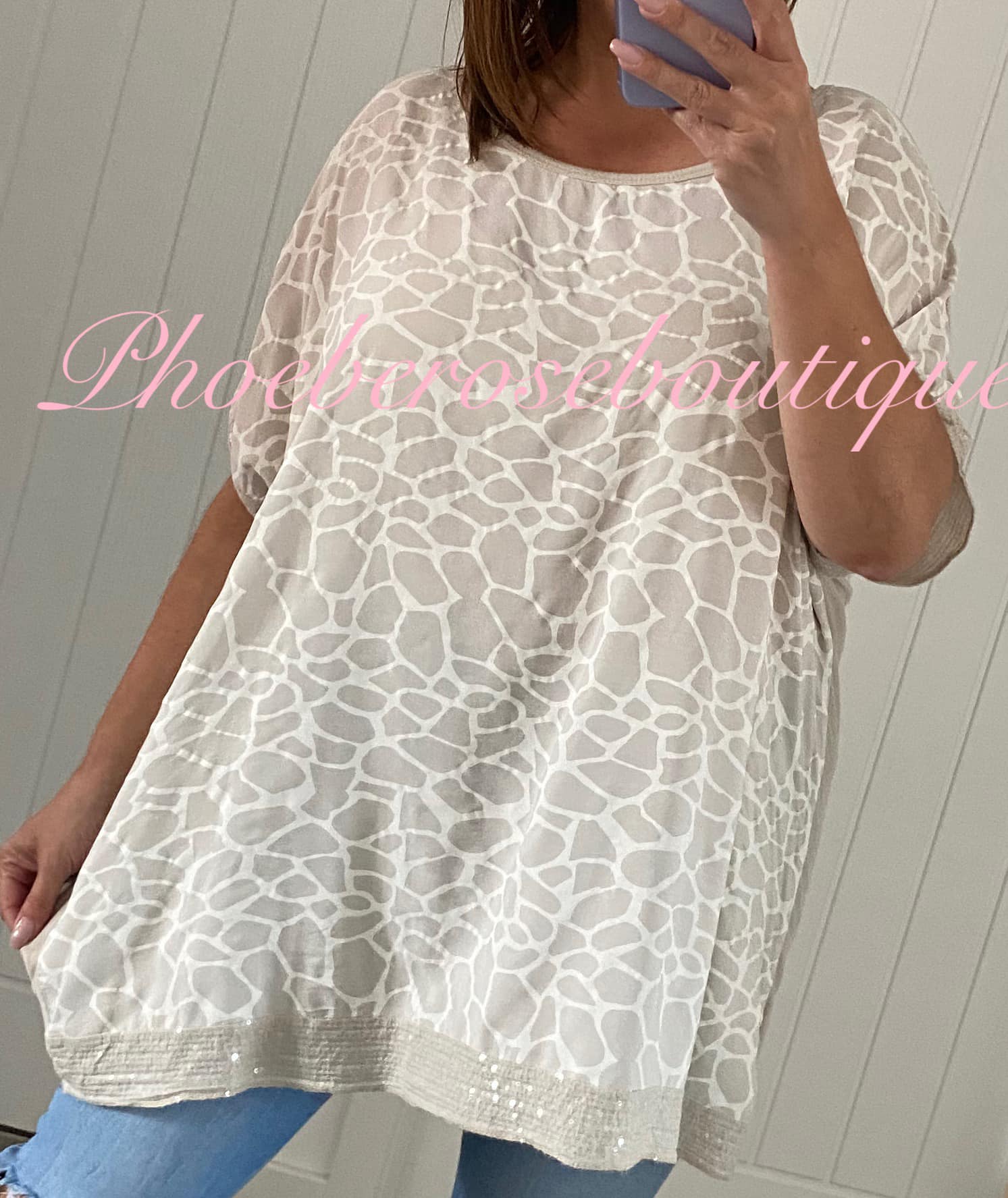 Loose Fit Giraffe Print Sequin Trim Top - Nude