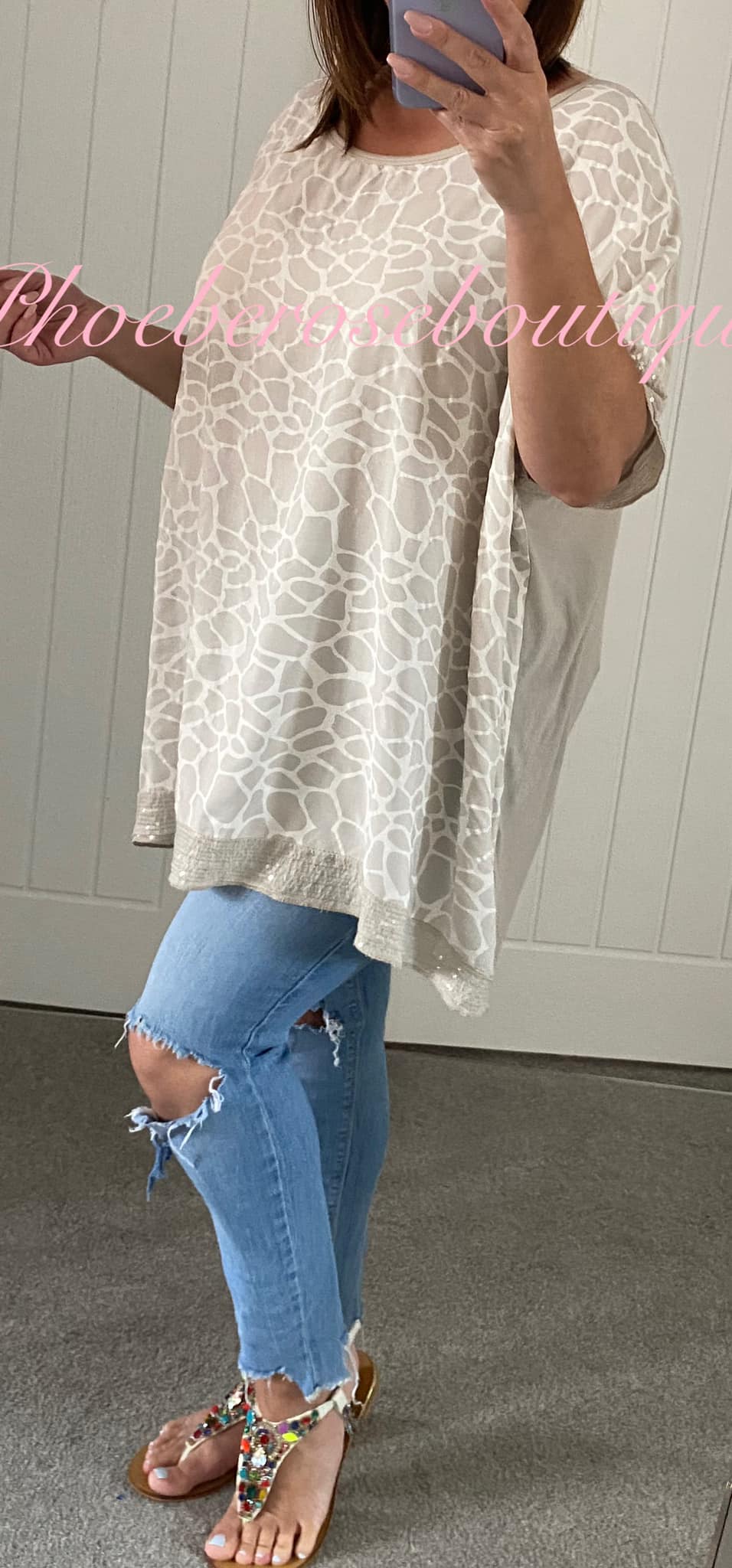 Loose Fit Giraffe Print Sequin Trim Top - Nude - Image 3