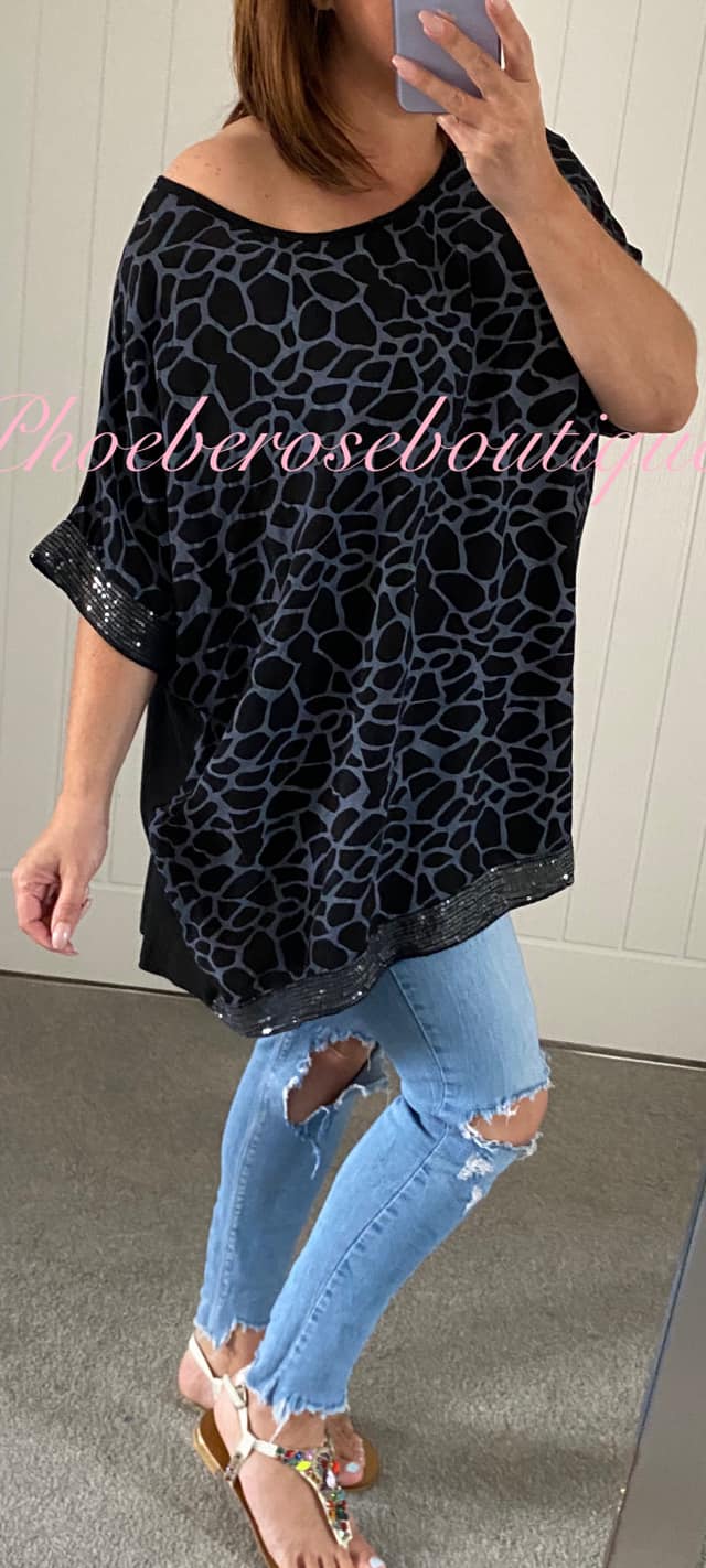 Loose Fit Giraffe Print Sequin Trim Top - Black