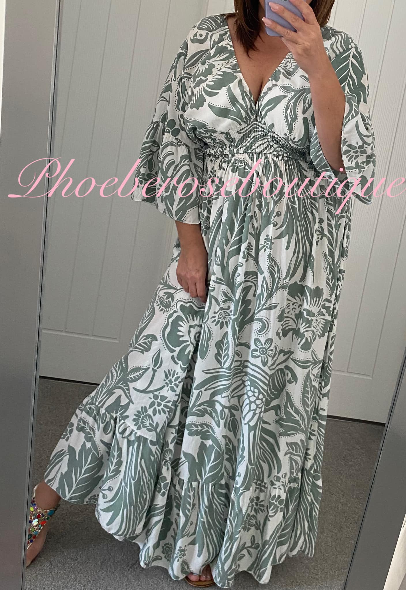 Shirred Waist Tropical Print V Neck Maxi Dress - Khaki/White