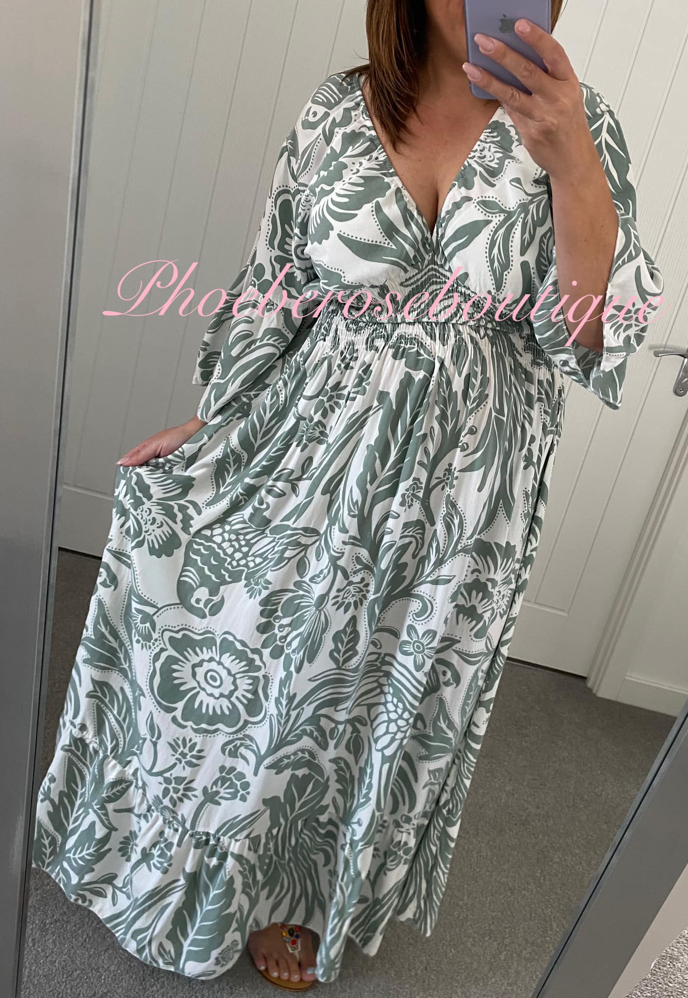Shirred Waist Tropical Print V Neck Maxi Dress - Khaki/White