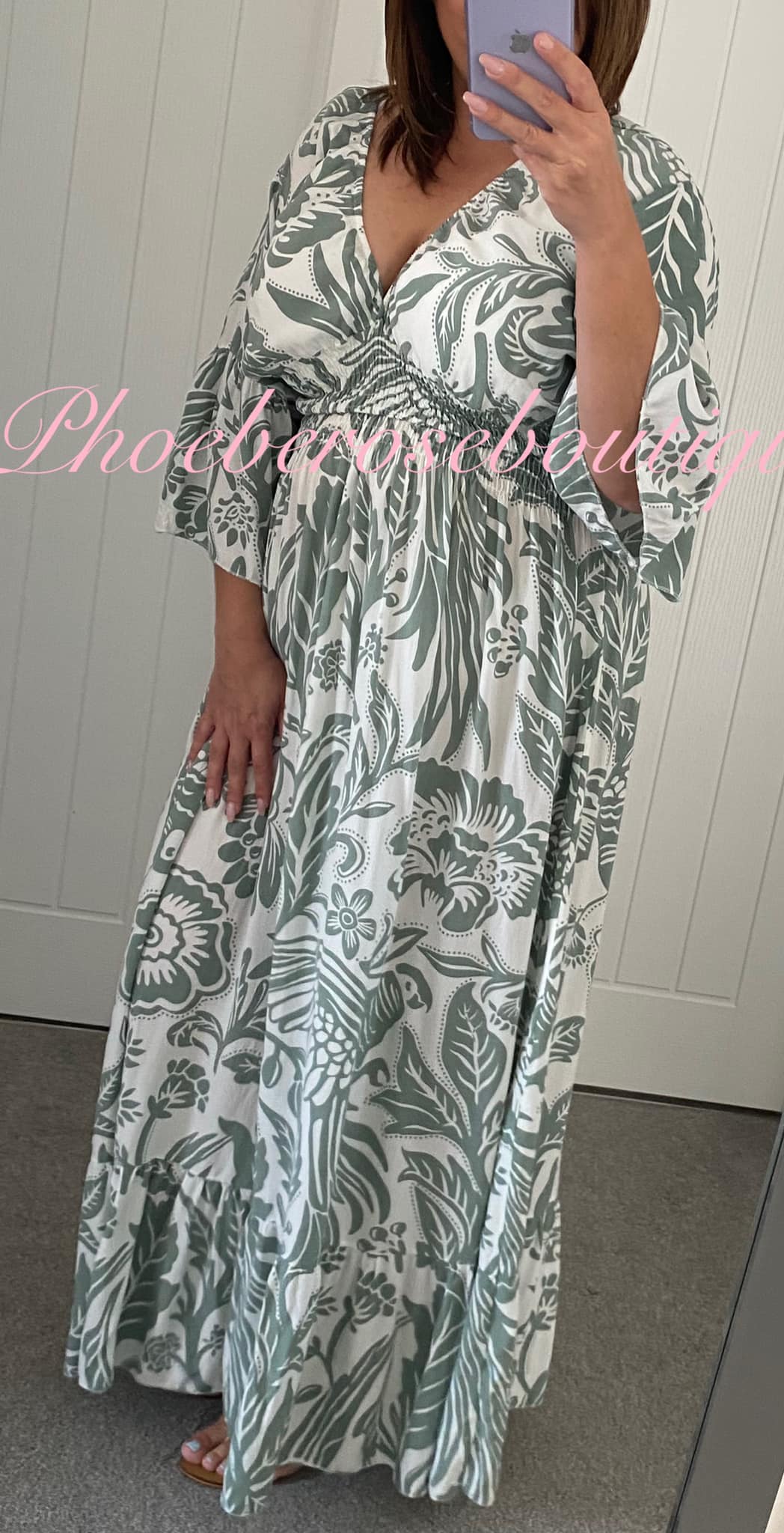 Shirred Waist Tropical Print V Neck Maxi Dress - Khaki/White - Image 3