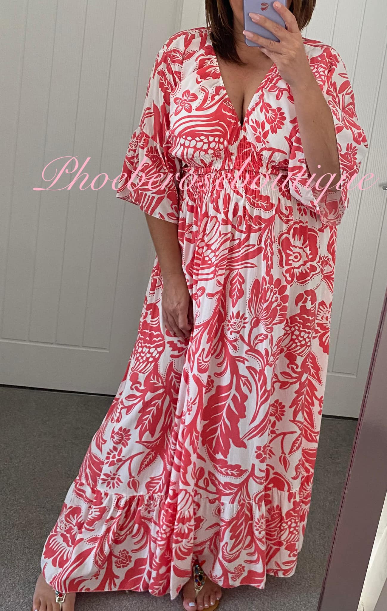 Shirred Waist Tropical Print V Neck Maxi Dress - Coral Red/White