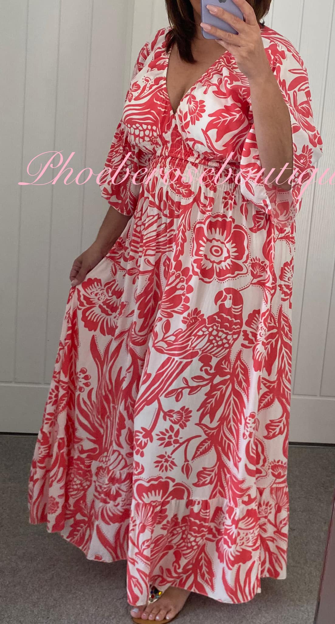 Shirred Waist Tropical Print V Neck Maxi Dress - Coral Red/White