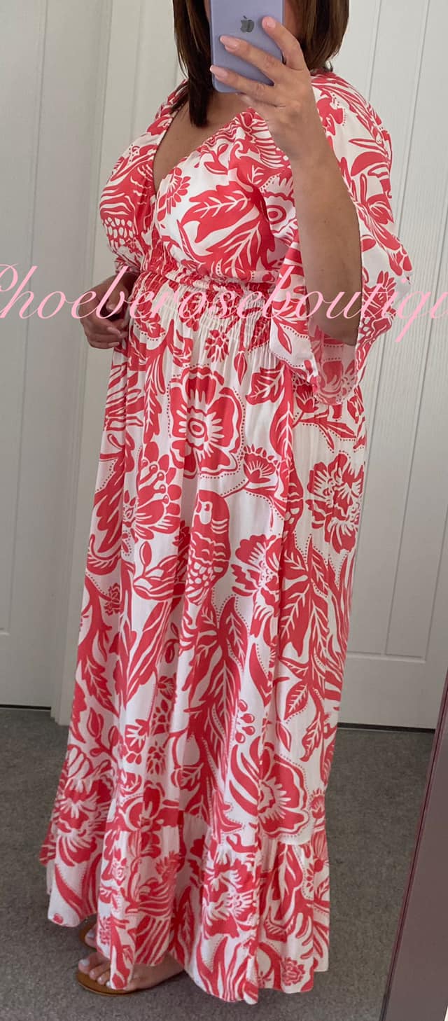 Shirred Waist Tropical Print V Neck Maxi Dress - Coral Red/White - Image 3