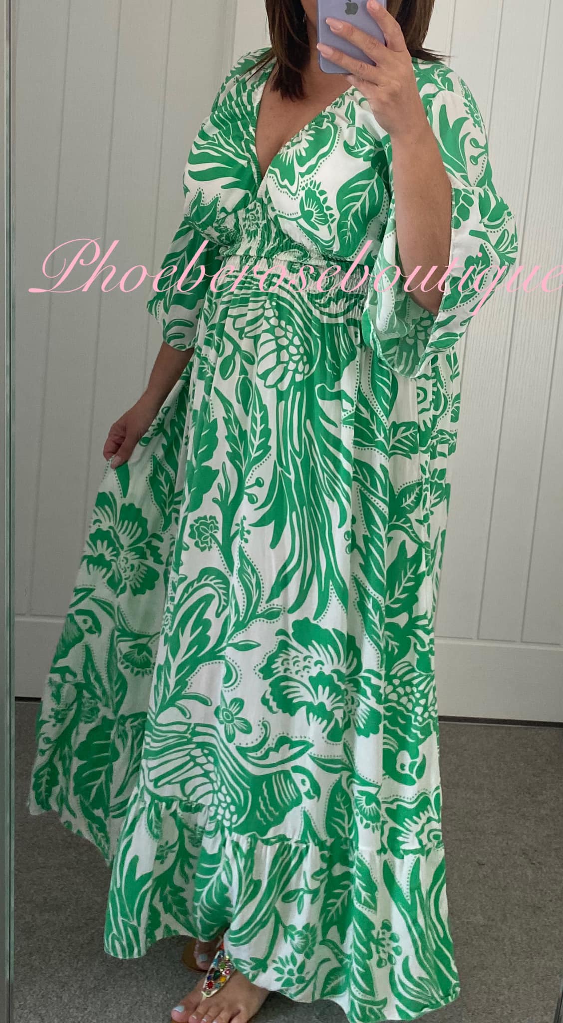 Shirred Waist Tropical Print V Neck Maxi Dress - Green/White