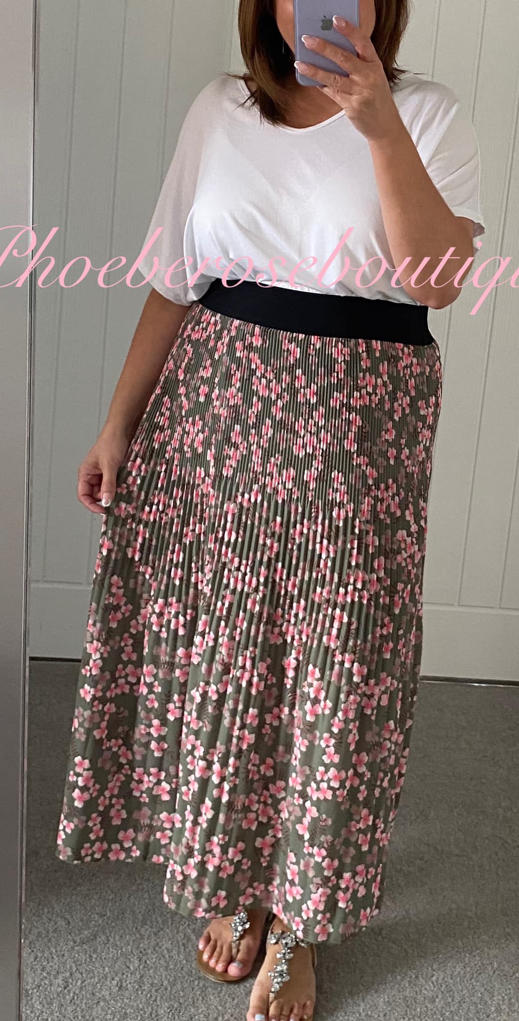 Floral Soft Pleat Long crepe Skirt - Khaki - Image 3