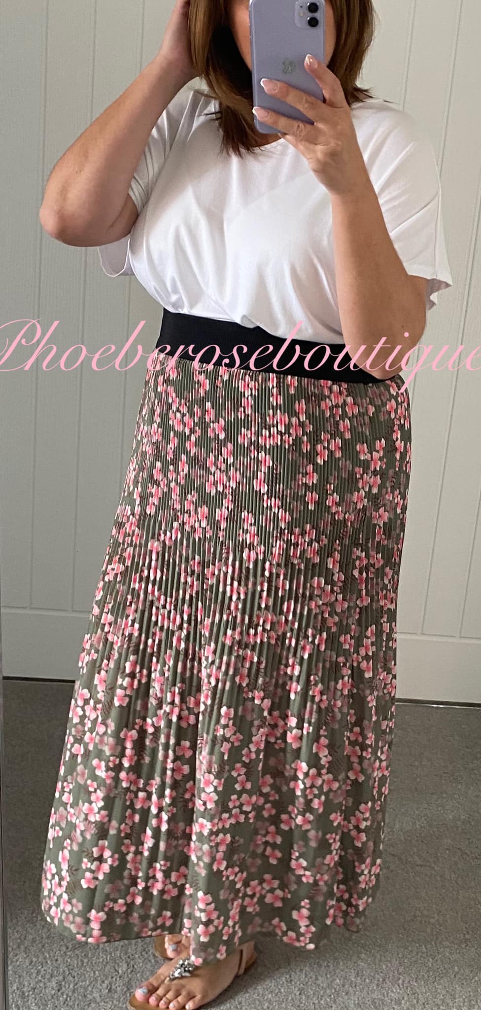 Floral Soft Pleat Long crepe Skirt - Khaki