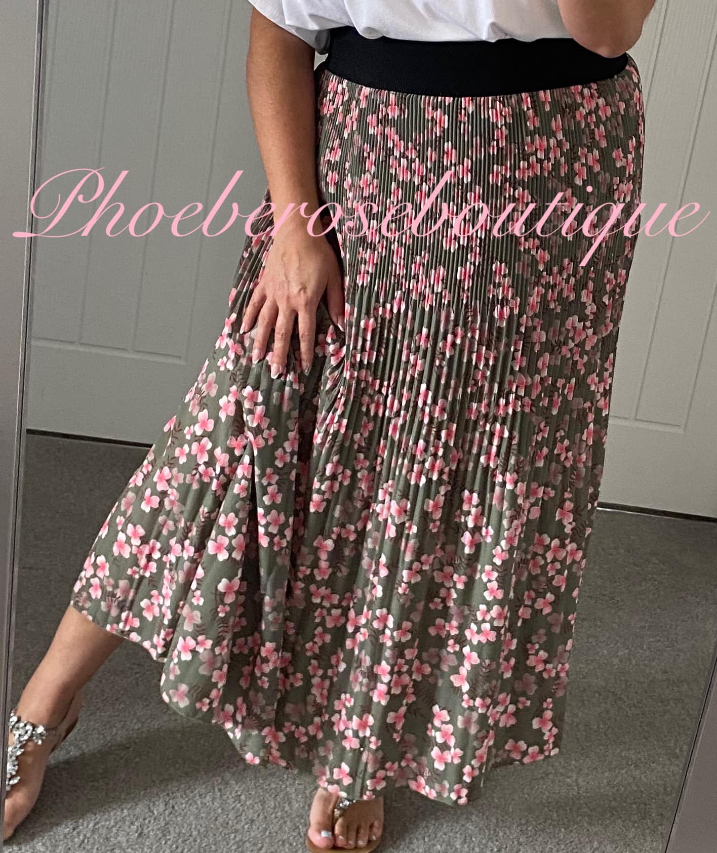 Floral Soft Pleat Long crepe Skirt - Khaki
