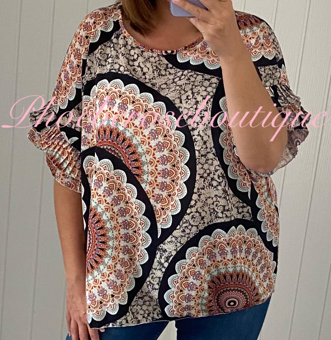 Mix Print Pleated Frill Crepe Feel Top - Black Mix