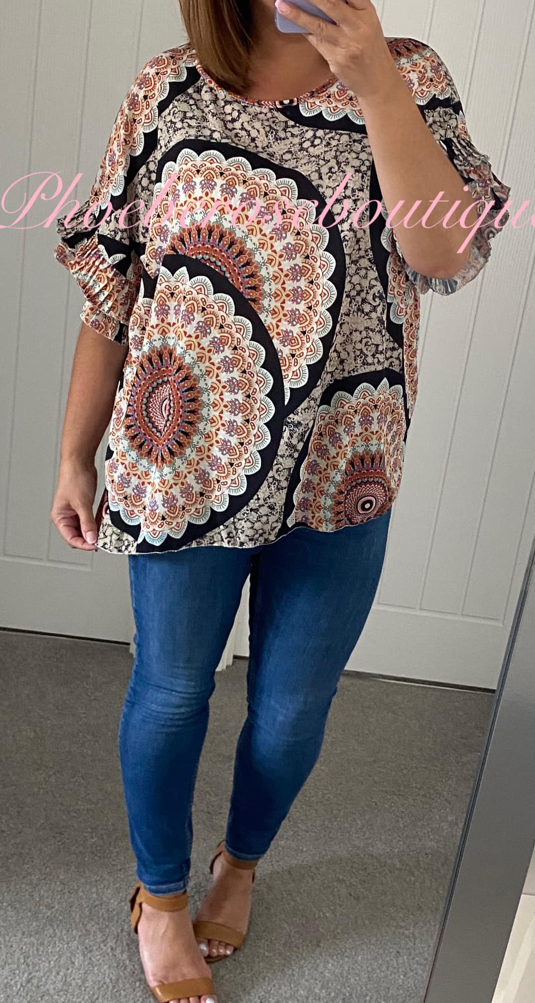 Mix Print Pleated Frill Crepe Feel Top - Black Mix